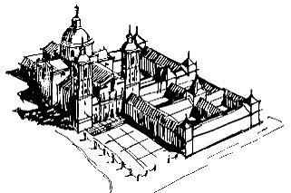 El monasterio reducido al esquema tradicional (F. Chueca). Modificacin con torres