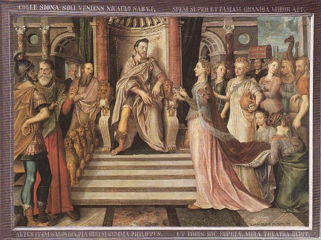 El rey Salomn recibe a la Reina de Saba (Catedral de Gante): COLLE SIONA SOLI VENIENS NICAULO SABI, SPEM SUPER ET FAMAM GRANDIA MIROR AIT, (arriba) y ALTER ITEM SALOMON, PIA REGUM GEMMA PHILIPPUS, UT FORIS HIC SOPHI MIRA THEATRA DEDIT (abajo). La traduccin de este texto, tomado de II Crn 9:5, dice: Llegando desde la colina Nicaulo, en la tierra de Saba, hasta Sion [Jerusaln], ella [la Reina de Saba] dijo: He visto cosas mucho mayores de lo que esperaba y me haban contado. Del mismo modo otro Salomn, Felipe piadosa joya entre los reyes, dio aqu como fuera asombrosas escenas de sabidura.