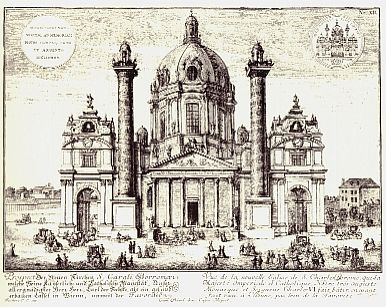 Karlskirche - Grabado de Fisher von Erlach Entwrf einer historischen architektur, 1721