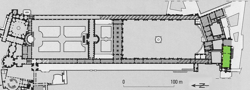 Planta de la Capilla Sixtina en los Museos Vaticanos (en verde). Al Oeste, tras la lnea de rayas, la Baslica del Vaticano